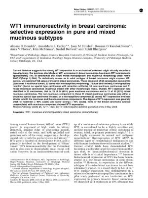WT1 Immunoreactivity in Breast Carcinoma: Selective Expression in Pure and Mixed Mucinous Subtypes