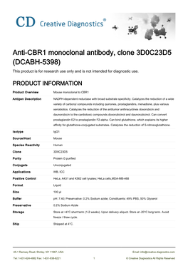 Anti-CBR1 Monoclonal Antibody, Clone 3D0C23D5 (DCABH-5398) This Product Is for Research Use Only and Is Not Intended for Diagnostic Use