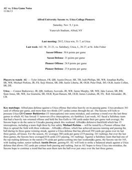 AU Vs. Utica Game Notes 11/06/13