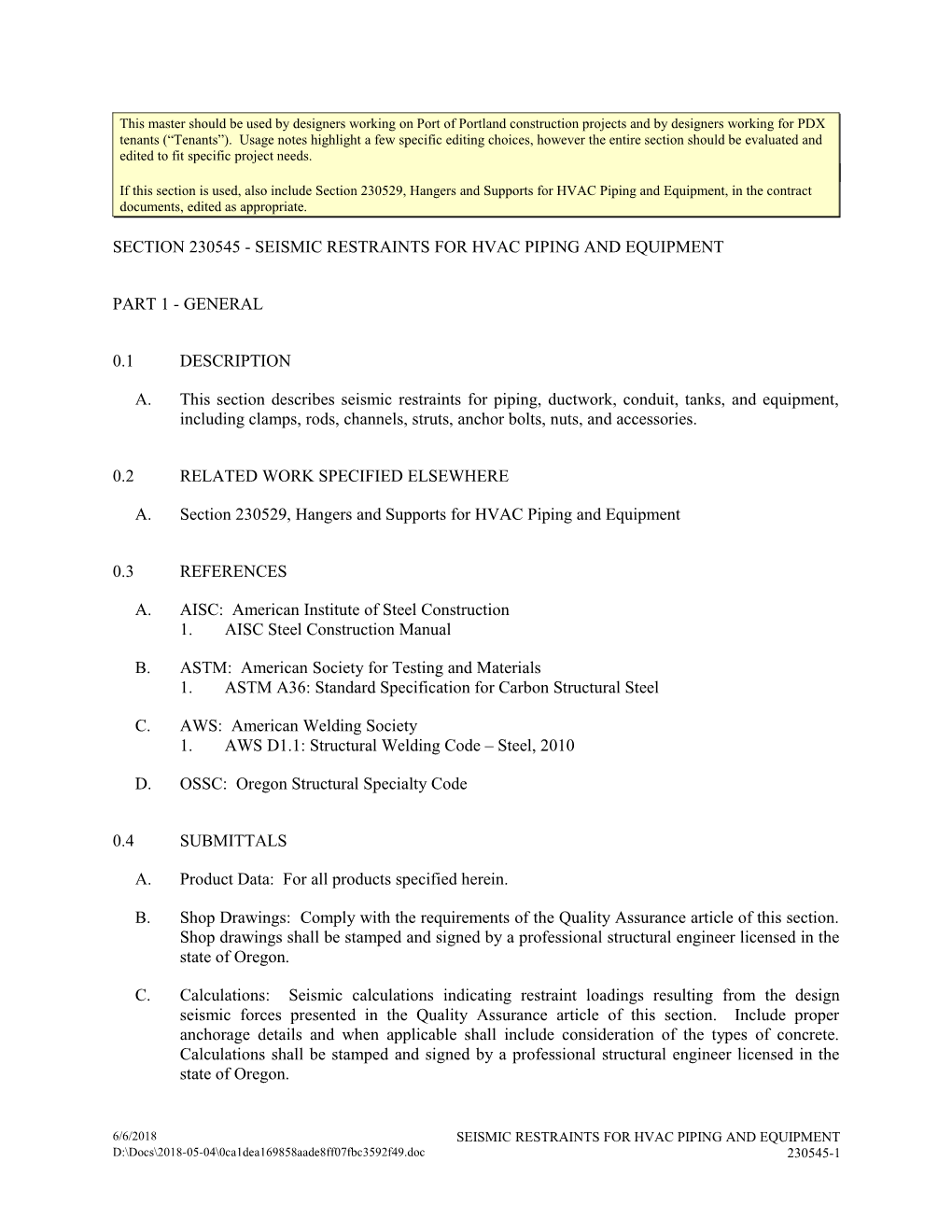 Section 230545 - Seismic Restraints for Hvac Piping & Equipment