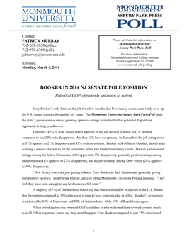 Booker in 2014 Nj Senate Pole Position