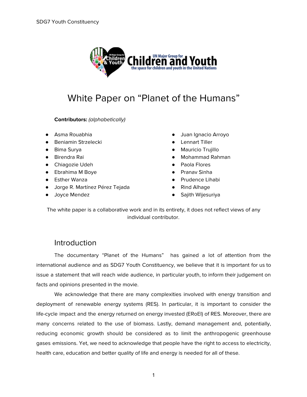 White Paper on “Planet of the Humans”