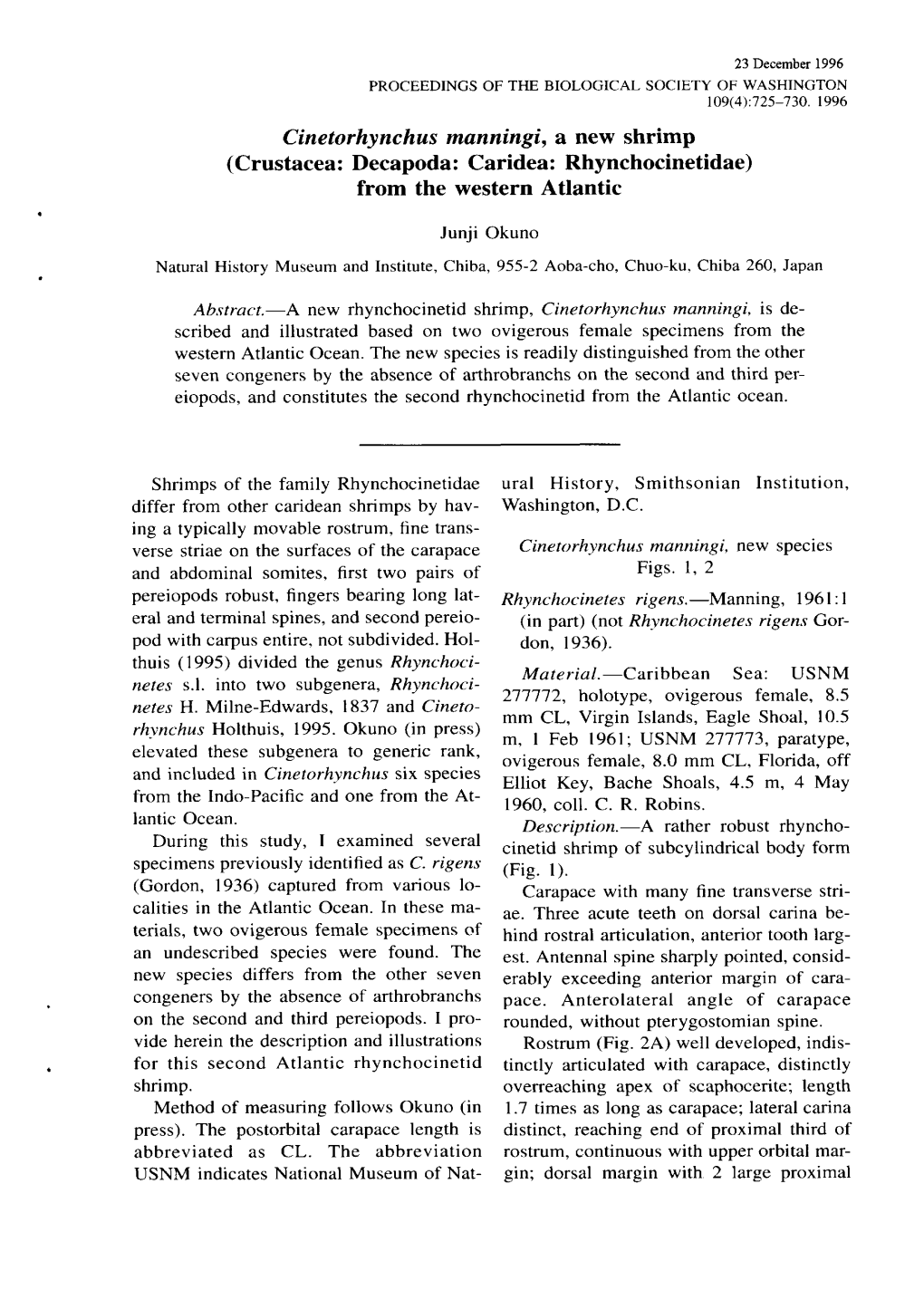 Cinetorhynchus Manningi, a New Shrimp (Crustacea: Decapoda: Caridea: Rhynchocinetidae) from the Western Atlantic