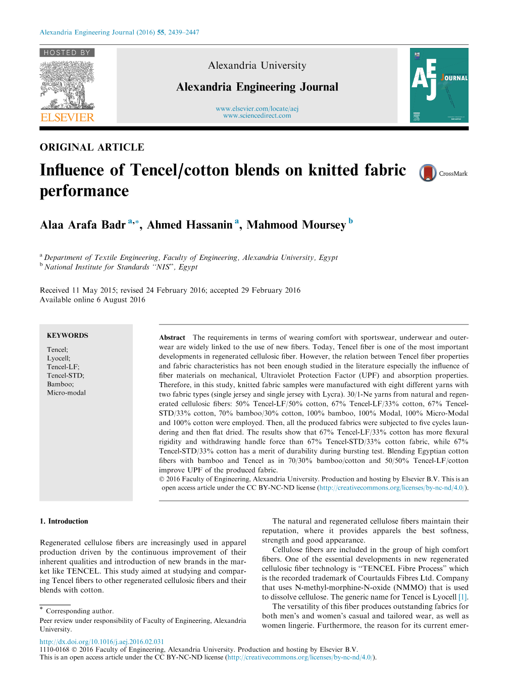 Influence of Tencel/Cotton Blends on Knitted Fabric Performance