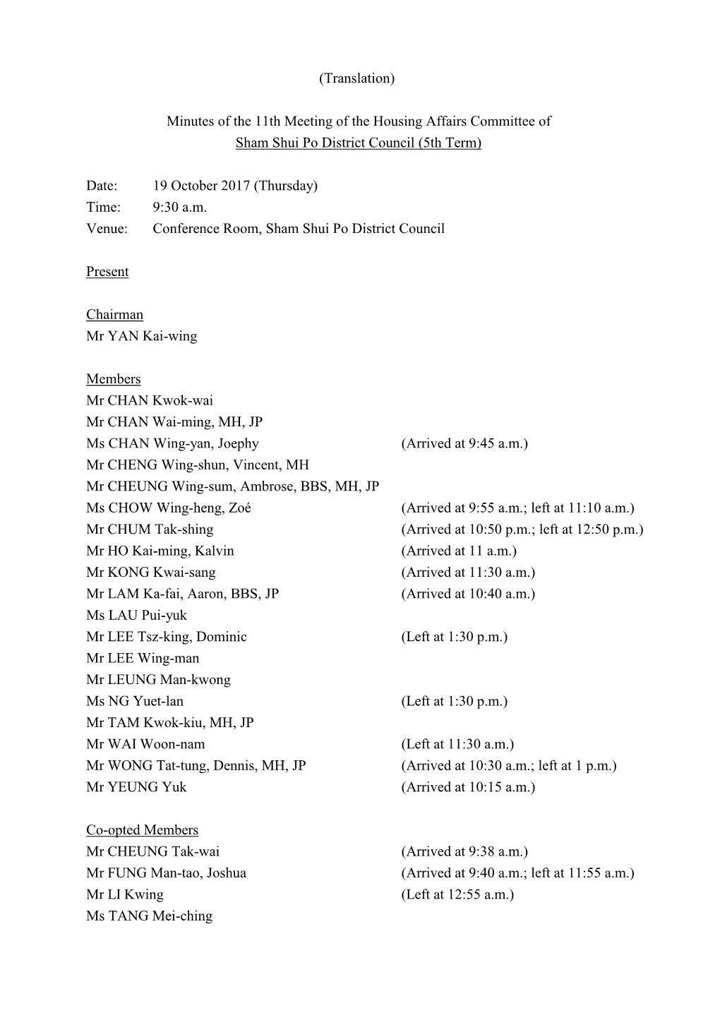 Minutes of the 11Th Meeting of the Housing Affairs Committee of Sham Shui Po District Council (5Th Term)