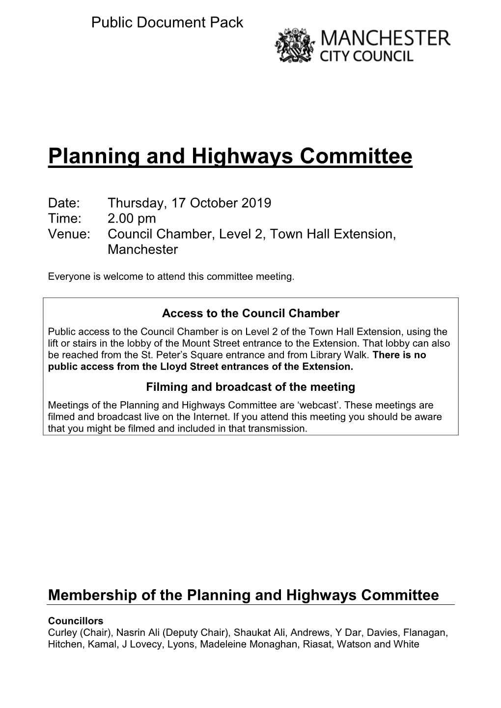 (Public Pack)Agenda Document for Planning and Highways Committee, 17/10/2019 14:00