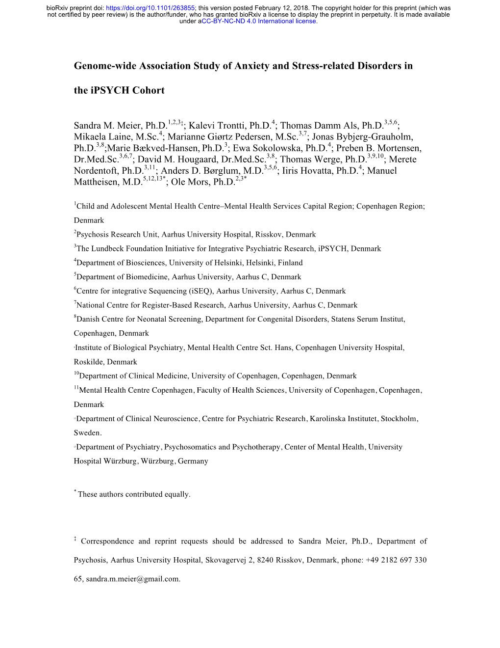 Genome-Wide Association Study of Anxiety and Stress-Related Disorders In