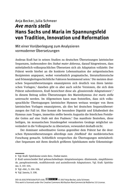 Ave Maris Stella Hans Sachs Und Maria Im Spannungsfeld Von Tradition, Innovation Und Reformation