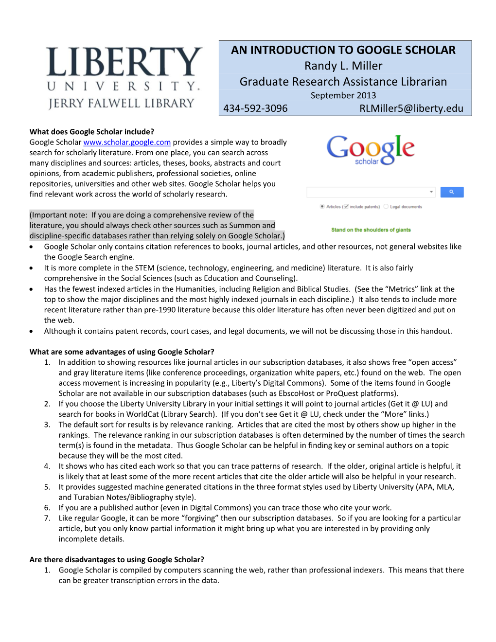 AN INTRODUCTION to GOOGLE SCHOLAR Randy L