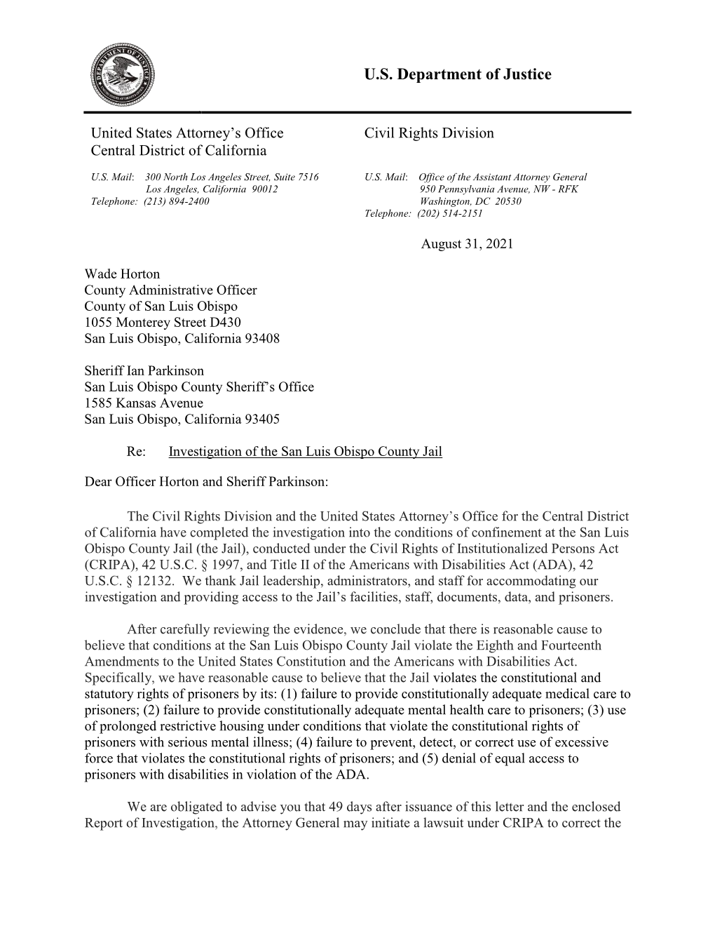 San Luis Obispo County Jail Findings Letter 8.31.2021