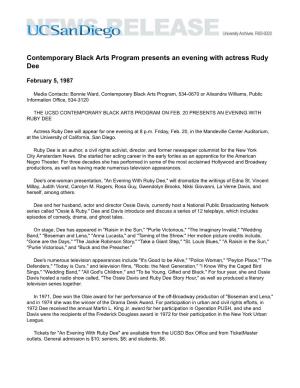 Contemporary Black Arts Program Presents an Evening with Actress Rudy Dee