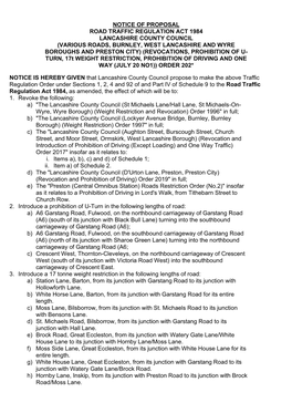 Notice of Proposal Road Traffic Regulation Act 1984 Lancashire County Council