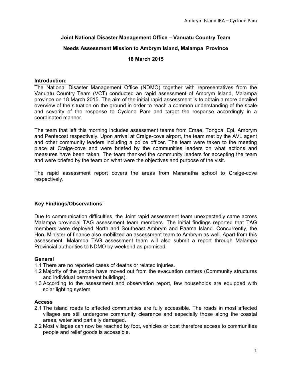 Ambrym Island IRA – Cyclone Pam 1 Joint National Disaster