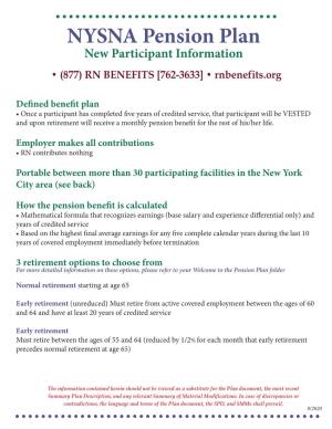 NYSNA Pension Plan New Participant Information • (877) RN BENEFITS [762-3633] • Rnbenefits.Org
