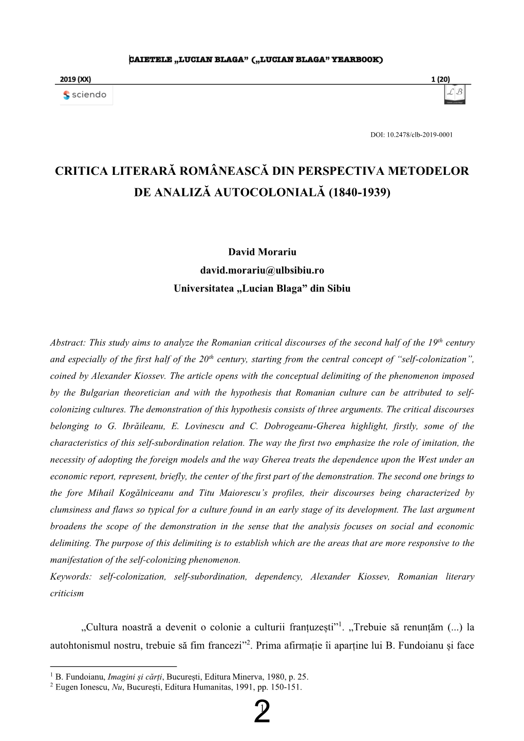 Critica Literară Românească Din Perspectiva Metodelor De Analiză Autocolonială (1840-1939)