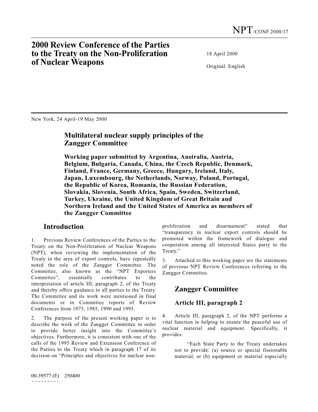 2000 Review Conference of the Parties to the Treaty on the Non-Proliferation of Nuclear Weapons