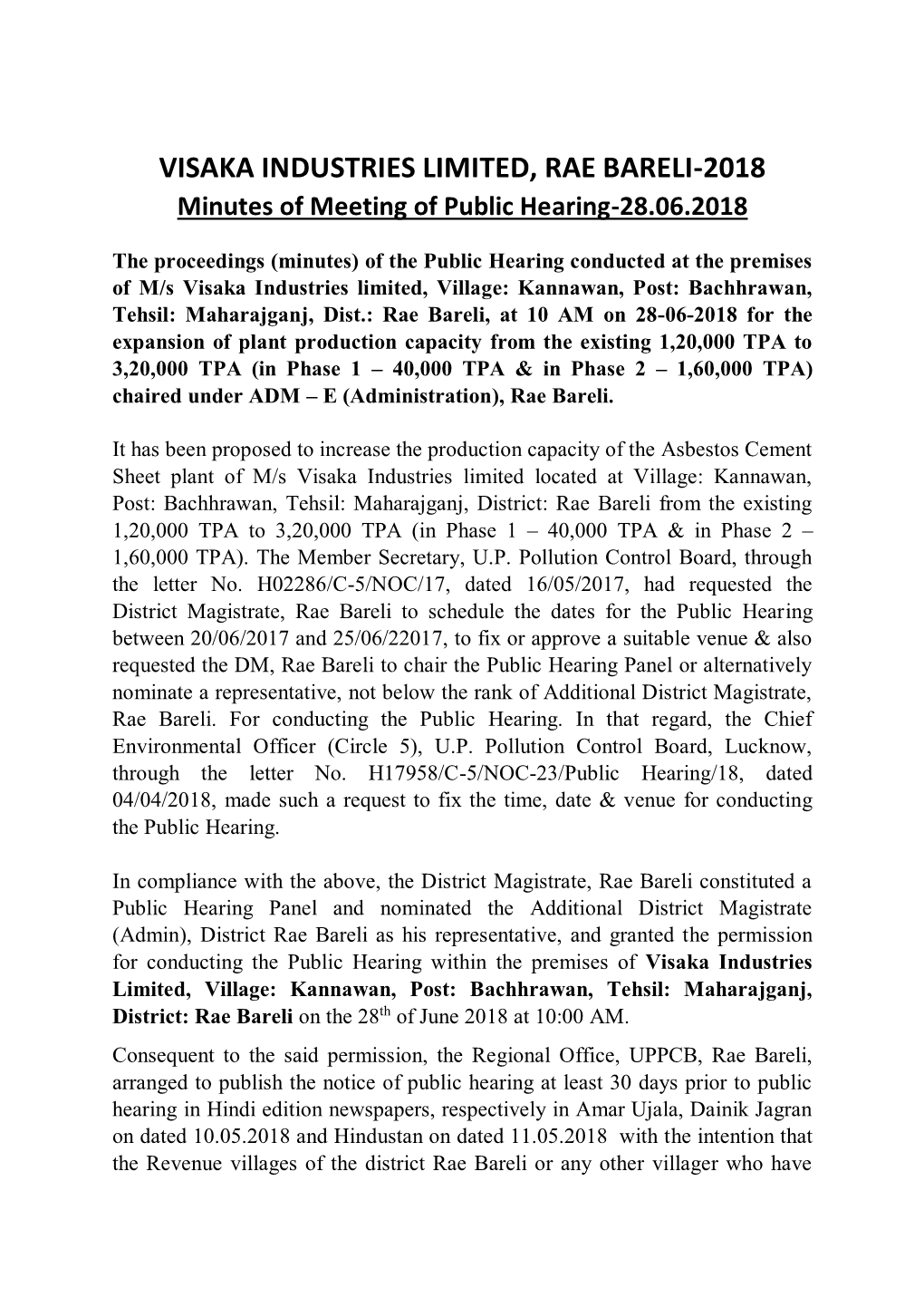 VISAKA INDUSTRIES LIMITED, RAE BARELI-2018 Minutes of Meeting of Public Hearing-28.06.2018