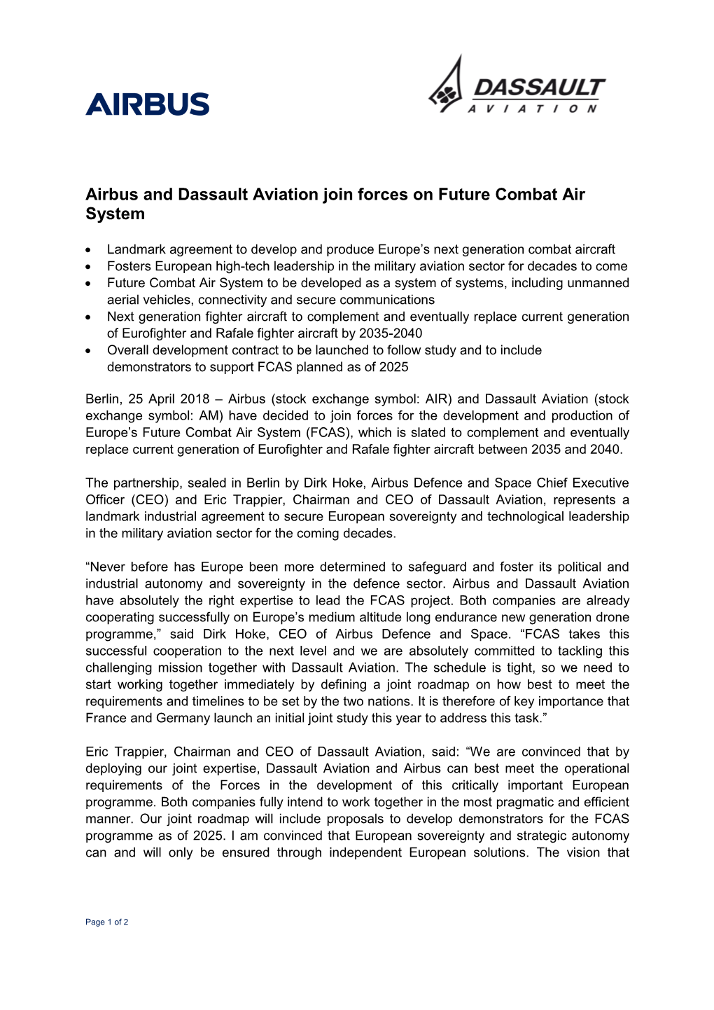 Airbus and Dassault Aviation Join Forces on Future Combat Air System
