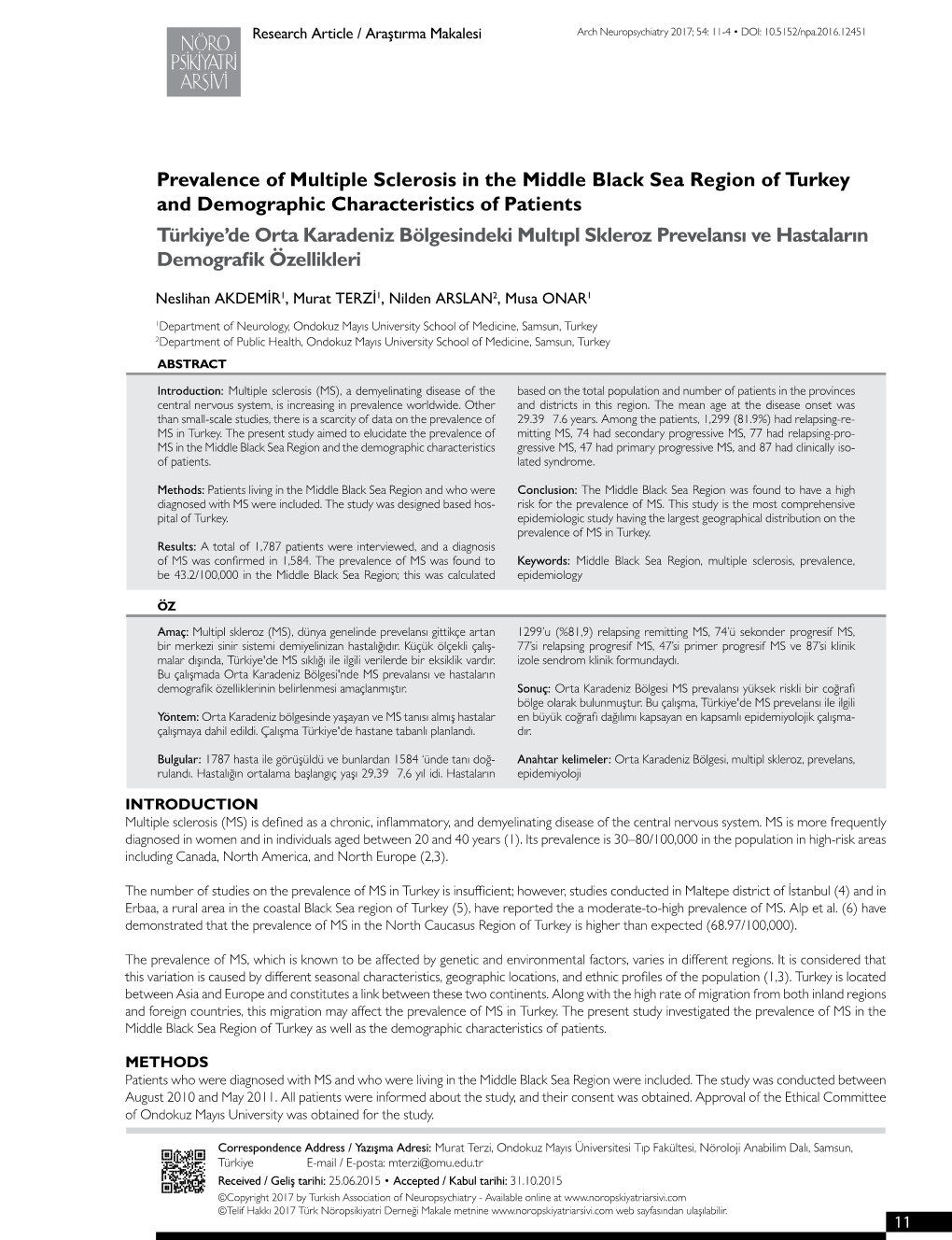 Prevalence of Multiple Sclerosis in the Middle Black Sea Region of Turkey