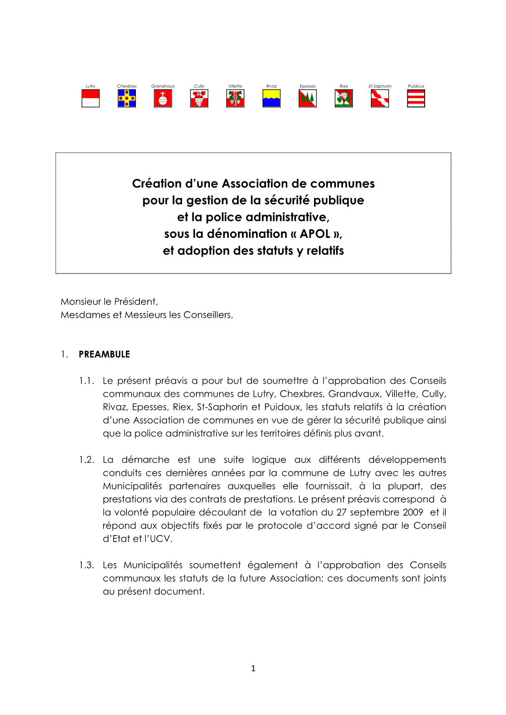 Association Intercommunale De Police Sous La Dénomination « Apol » (Association Police Lavaux)