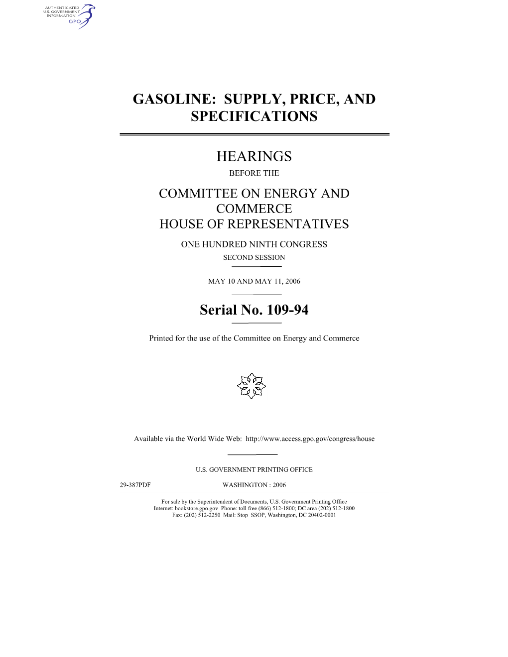 Gasoline: Supply, Price, and Specifications Hearings