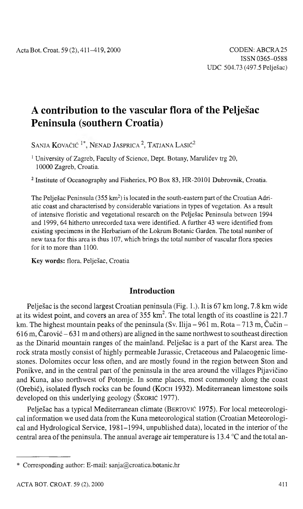 A Contribution to the Vascular Flora of the Pelješac Peninsula (Southern Croatia)