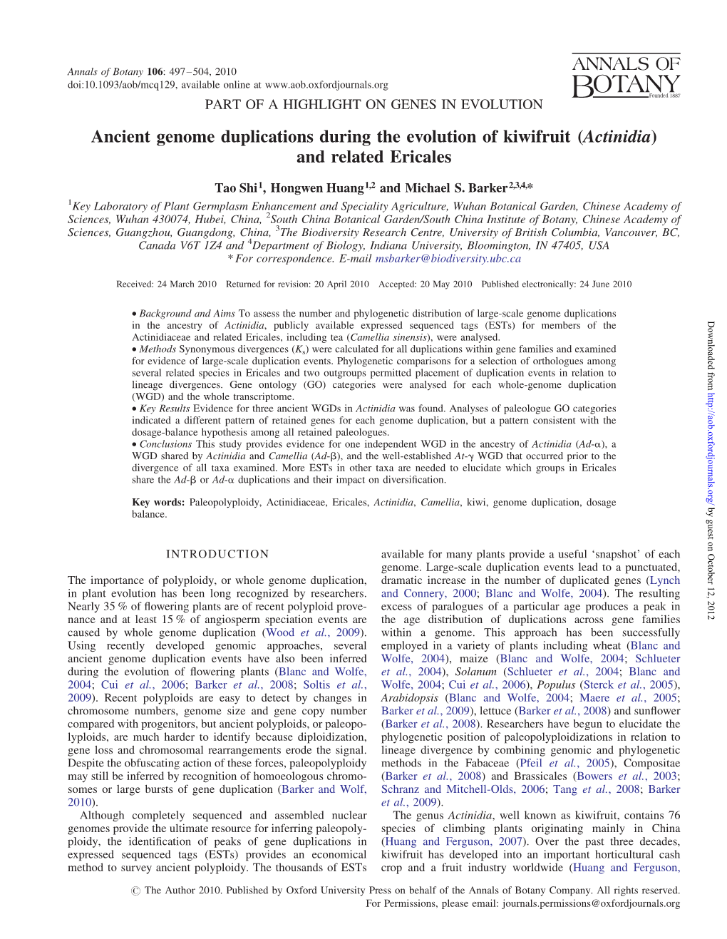 Ancient Genome Duplications During the Evolution of Kiwifruit (Actinidia) and Related Ericales