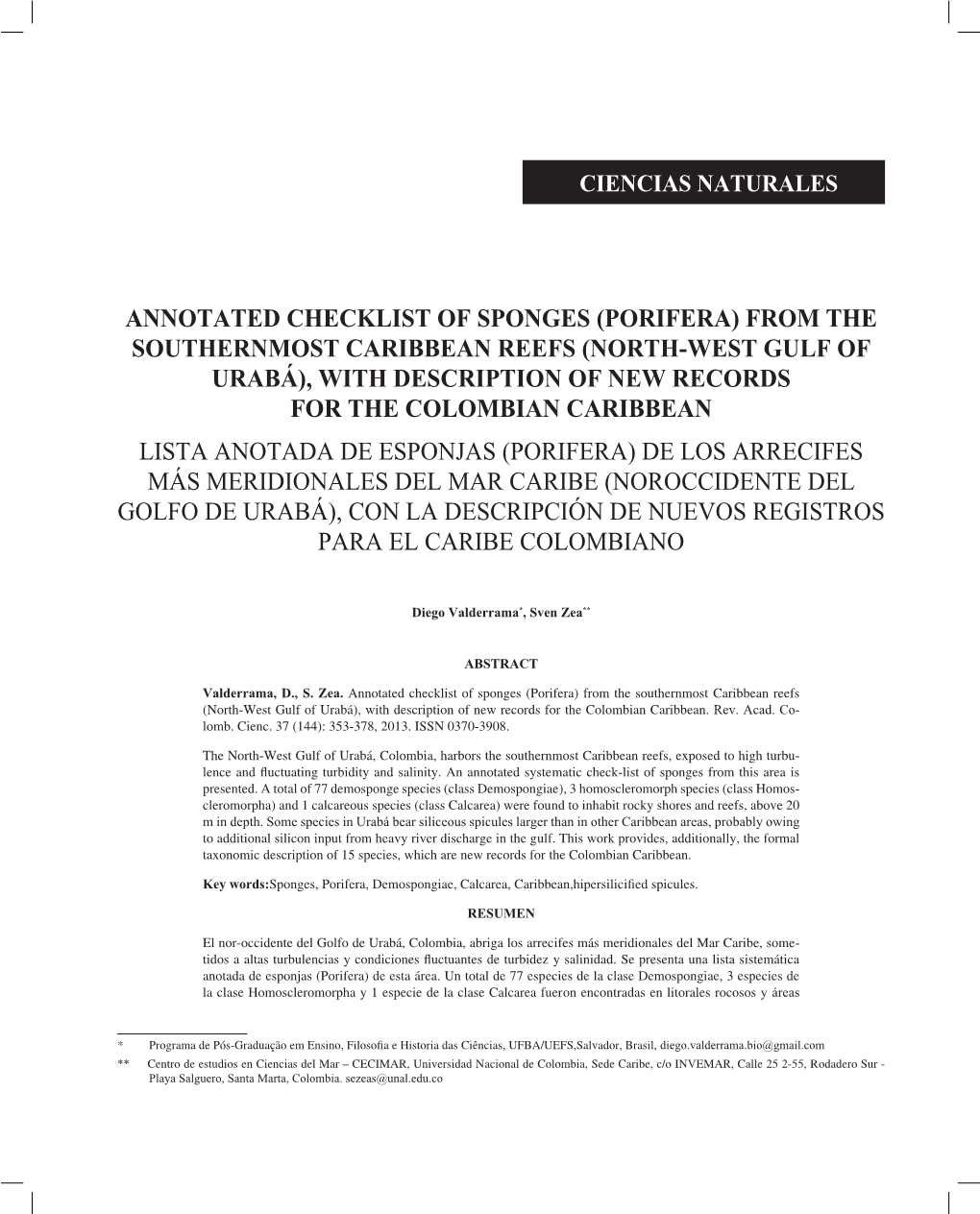 Annotated Checklist of Sponges (Porifera) From