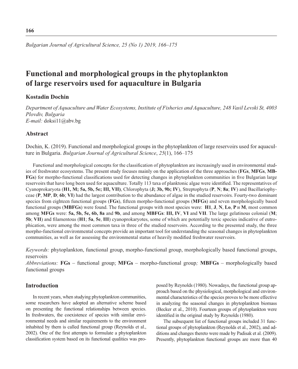 Functional and Morphological Groups in the Phytoplankton of Large Reservoirs Used for Aquaculture in Bulgaria