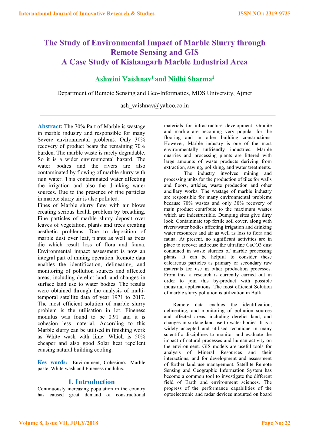 The Study of Environmental Impact of Marble Slurry Through Remote Sensing and GIS a Case Study of Kishangarh Marble Industrial Area