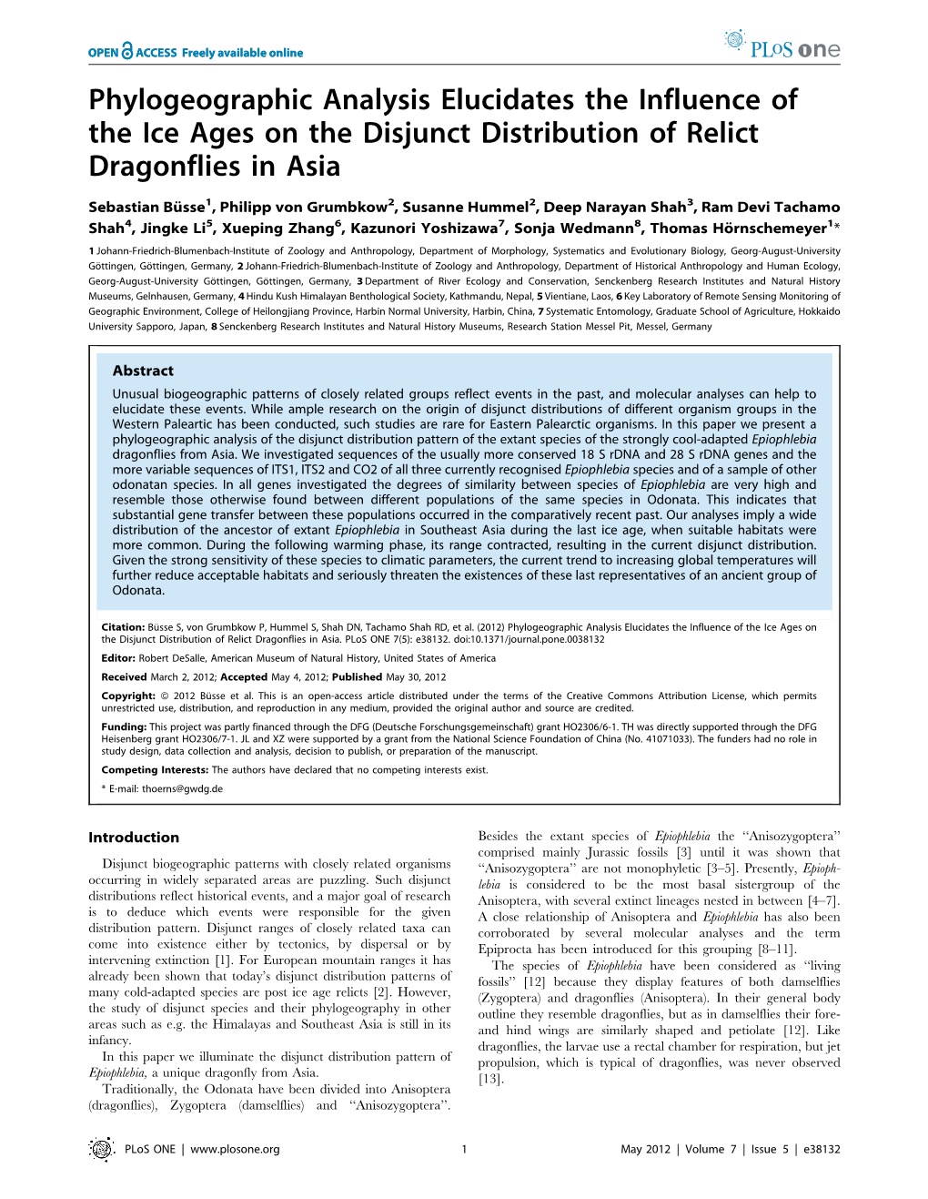 Phylogeographic Analysis Elucidates the Influence of the Ice Ages on the Disjunct Distribution of Relict Dragonflies in Asia