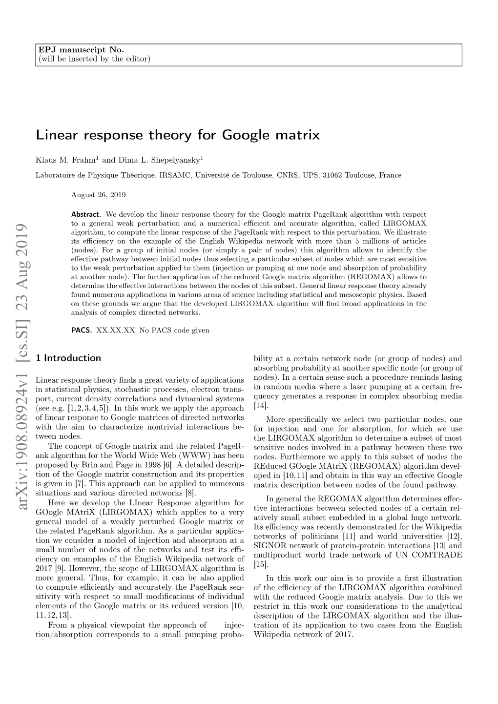 Linear Response Theory for Google Matrix