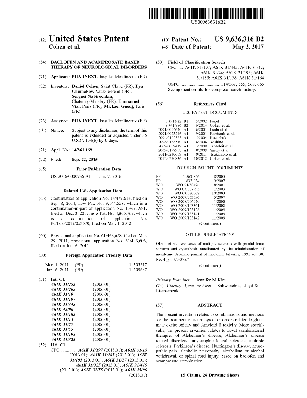 (12) United States Patent (10) Patent No.: US 9,636,316 B2 Cohen Et Al