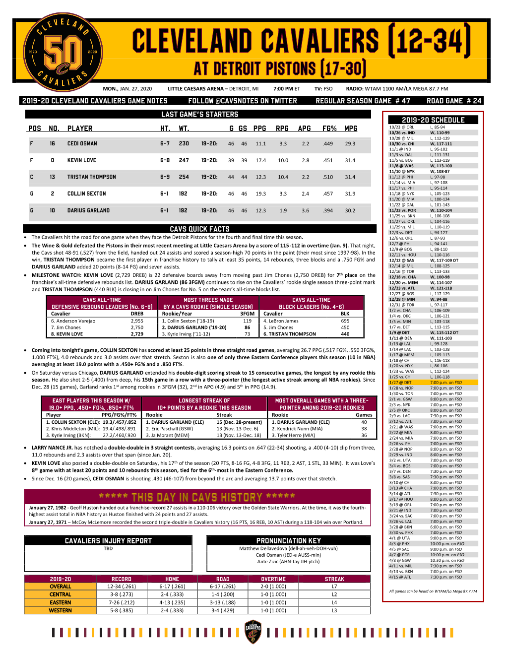 2019-20 Cleveland Cavaliers Game Notes Follow @Cavsnotes on Twitter Regular Season Game # 47 Road Game # 24
