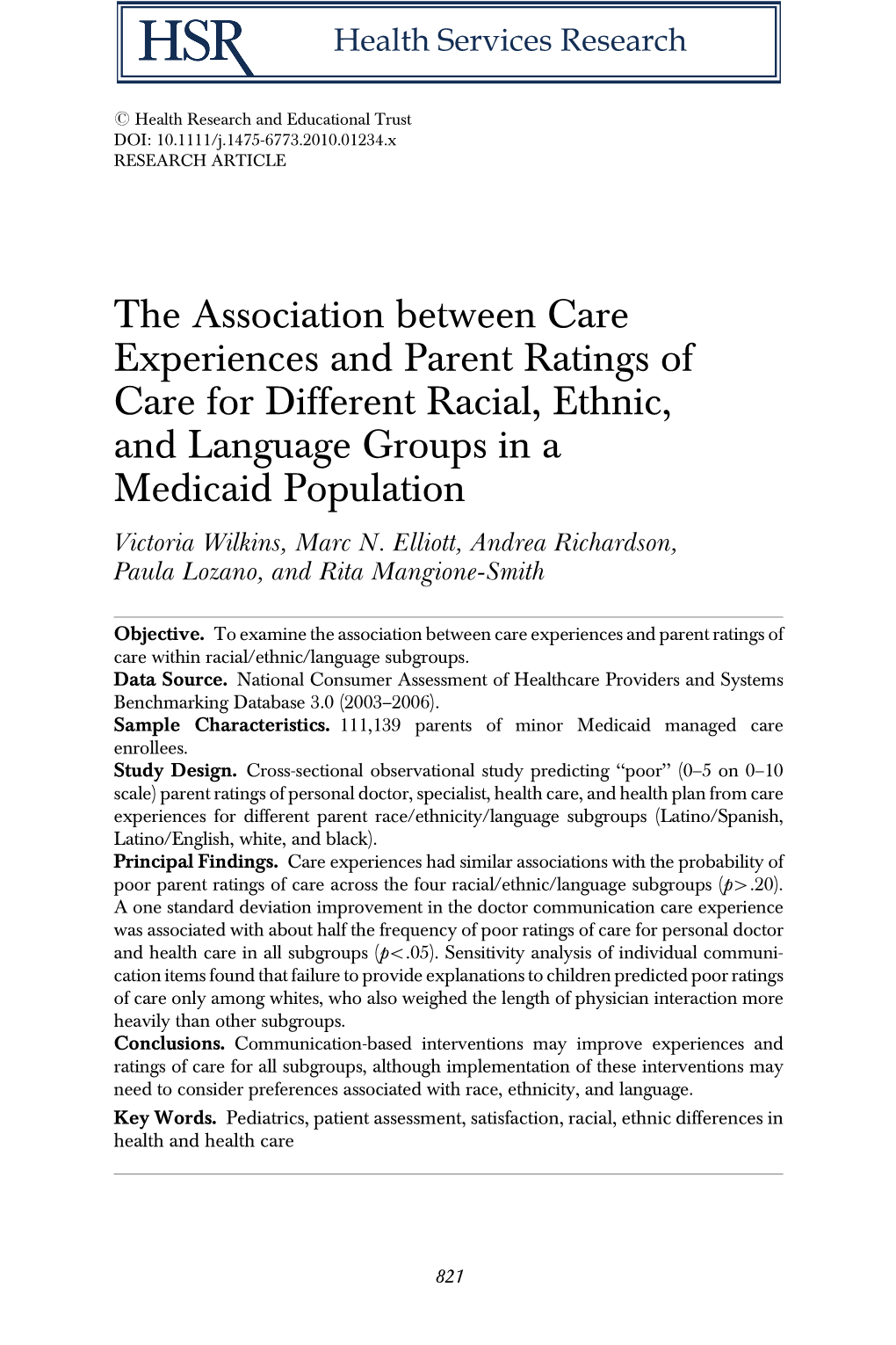 The Association Between Care Experiences and Parent Ratings Of