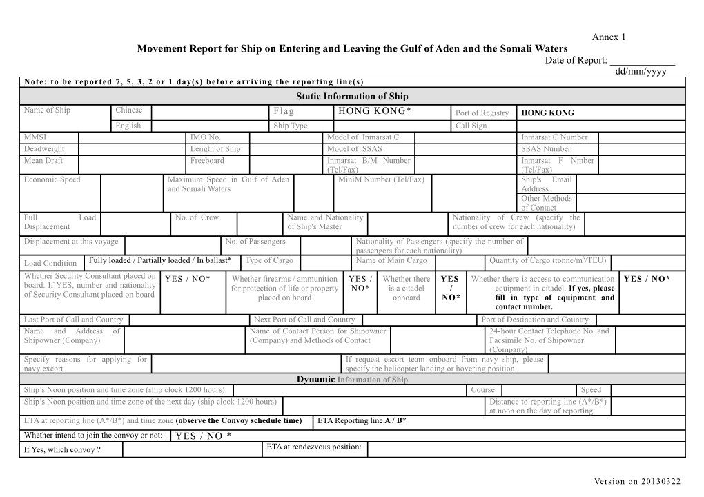 Movement Report for Ship on Entering and Leaving the Gulf of Aden and the Somali Waters