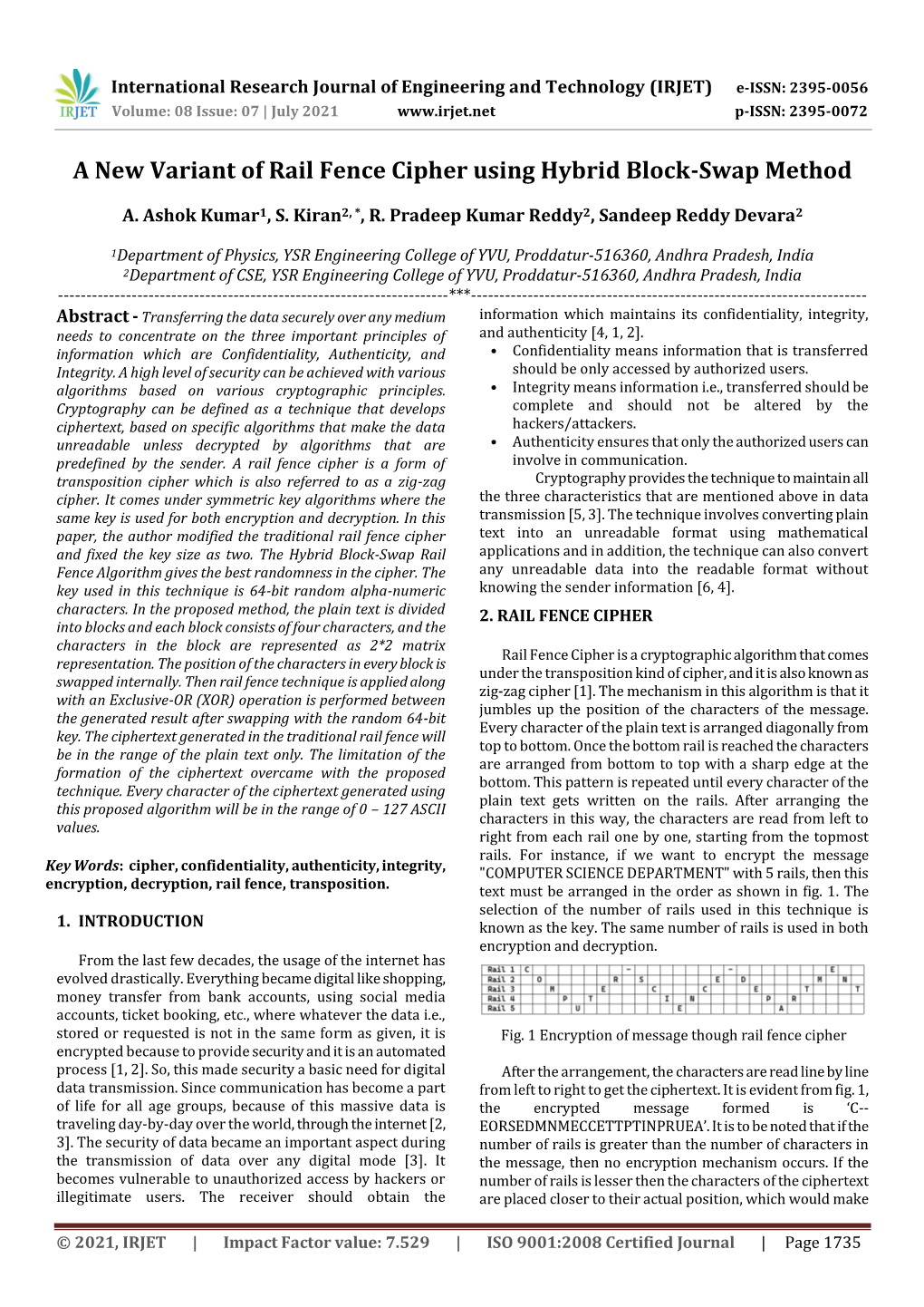 A New Variant of Rail Fence Cipher Using Hybrid Block-Swap Method