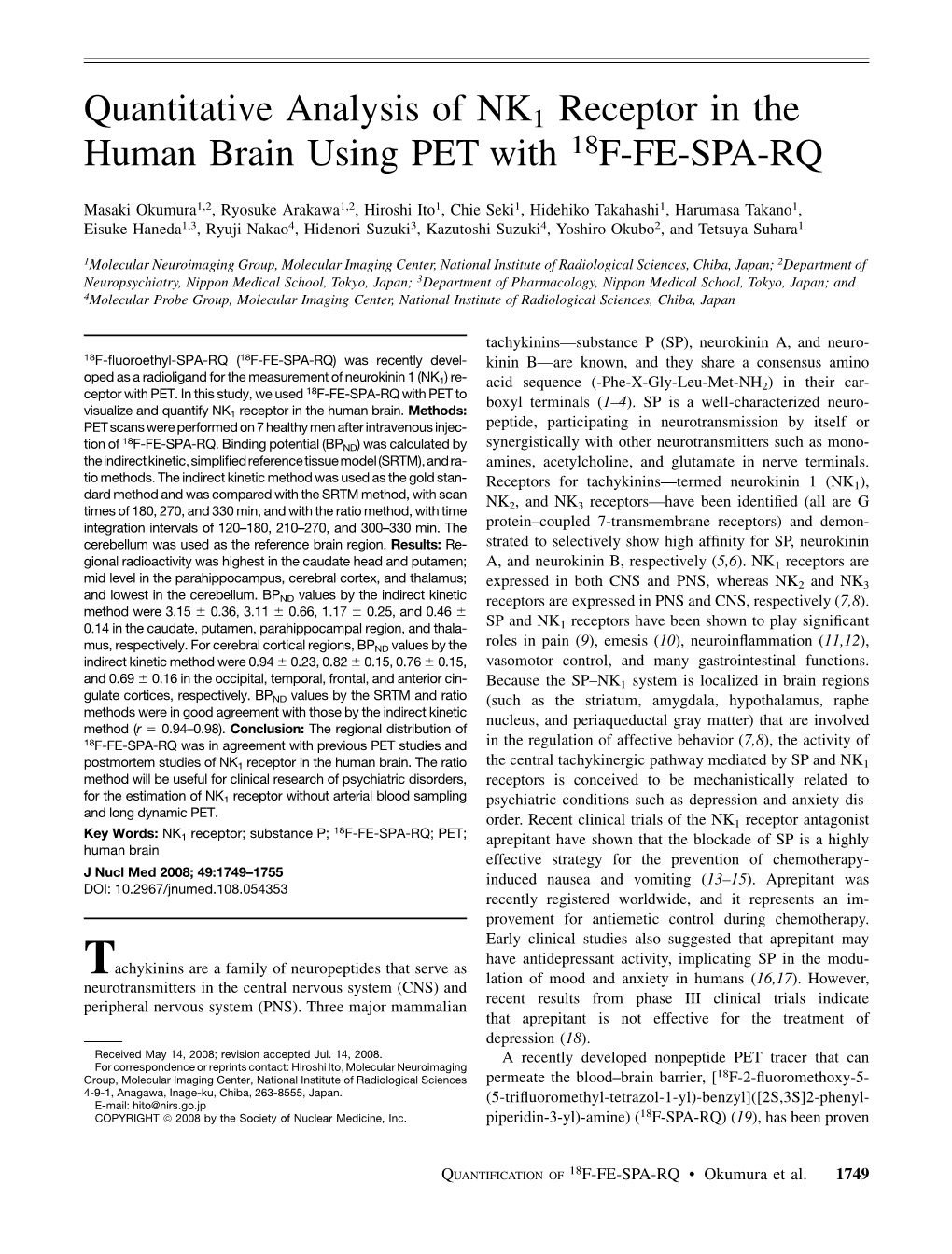 Quantitative Analysis of NK1 Receptor in the Human Brain Using PET with 18F-FE-SPA-RQ