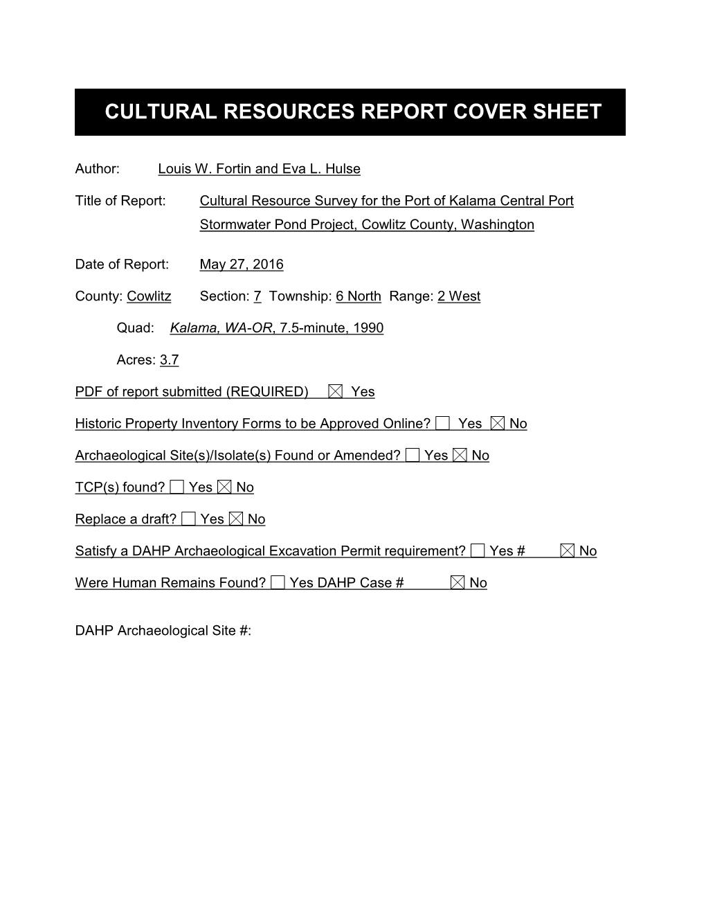 Cultural Resources Report Cover Sheet