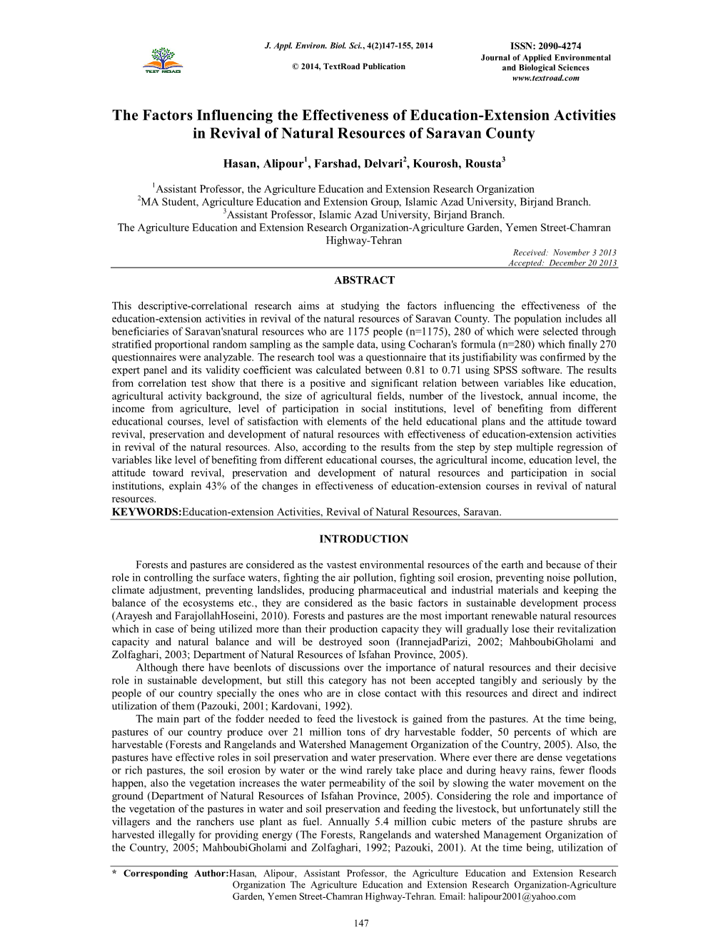 The Factors Influencing the Effectiveness of Education-Extension Activities in Revival of Natural Resources of Saravan County