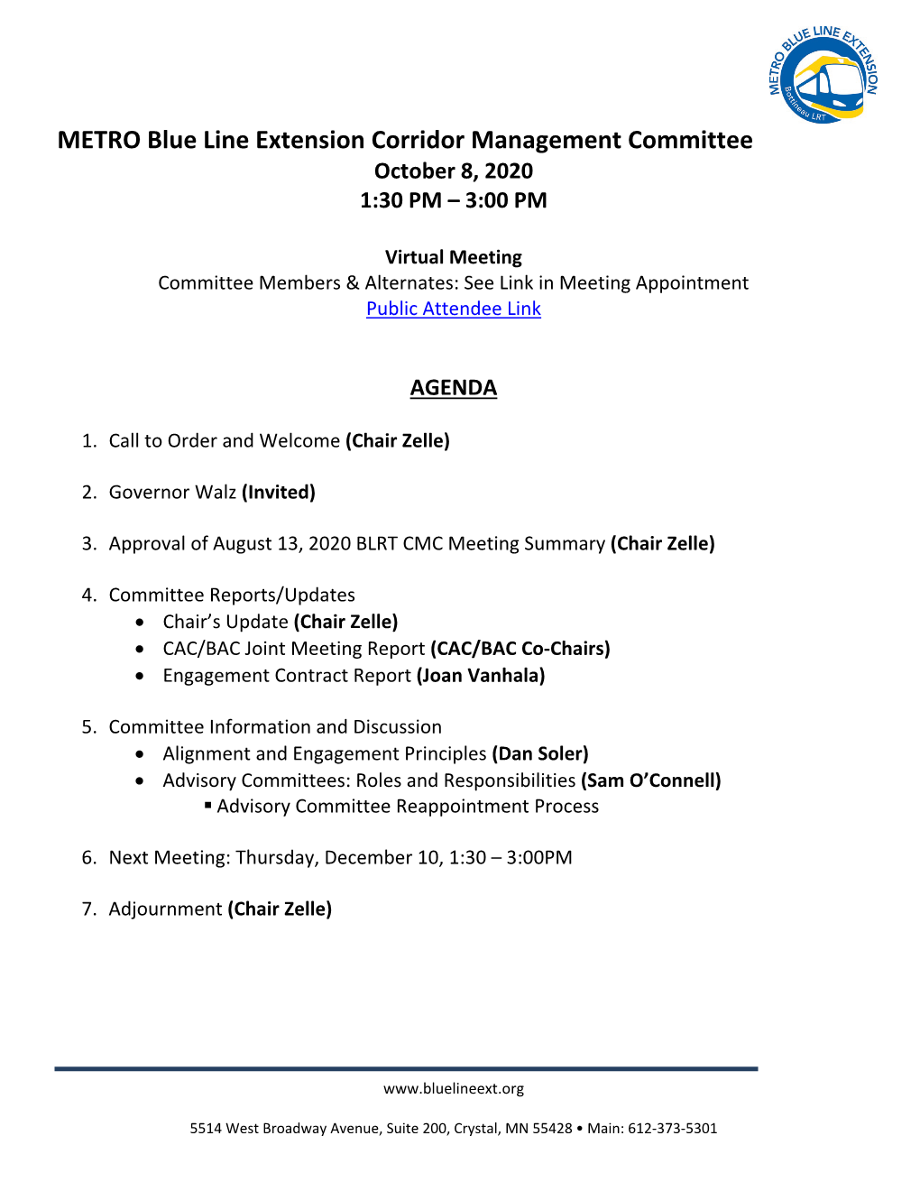 METRO Blue Line Extension Corridor Management Committee October 8, 2020 1:30 PM – 3:00 PM