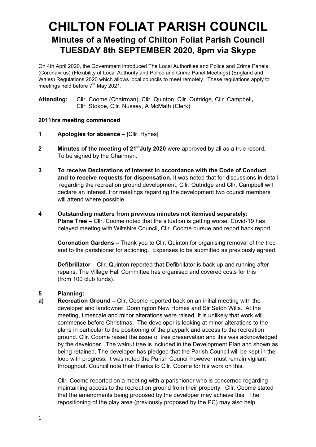 CHILTON FOLIAT PARISH COUNCIL Minutes of a Meeting of Chilton Foliat Parish Council TUESDAY 8Th SEPTEMBER 2020, 8Pm Via Skype