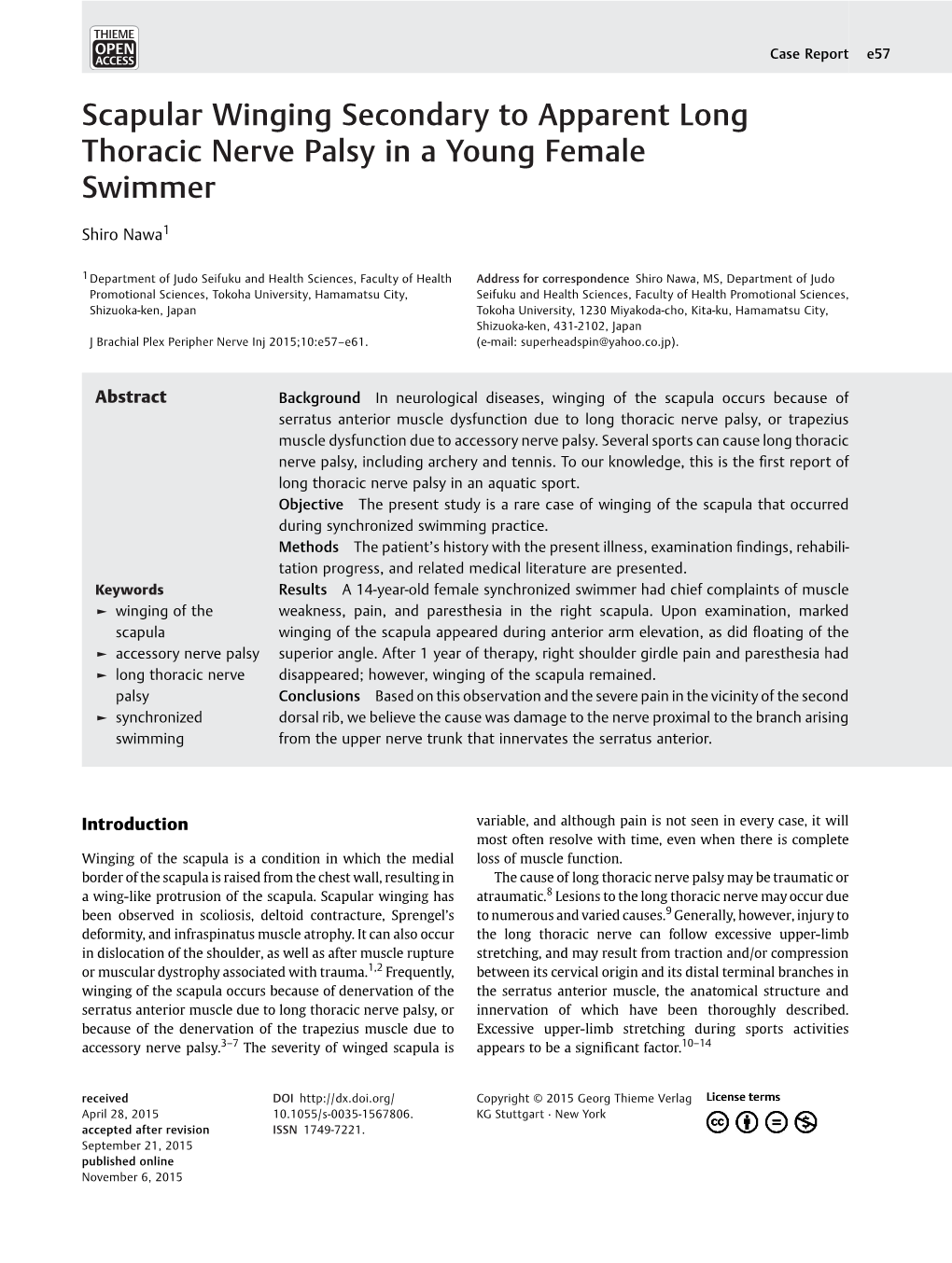 Scapular Winging Secondary to Apparent Long Thoracic Nerve Palsy in a Young Female Swimmer