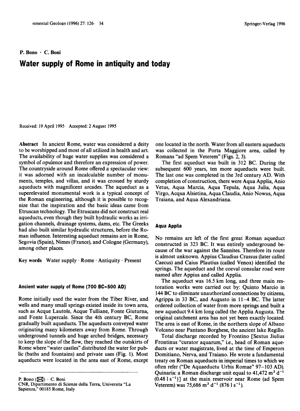 Water Supply of Rome in Antiquity and Today