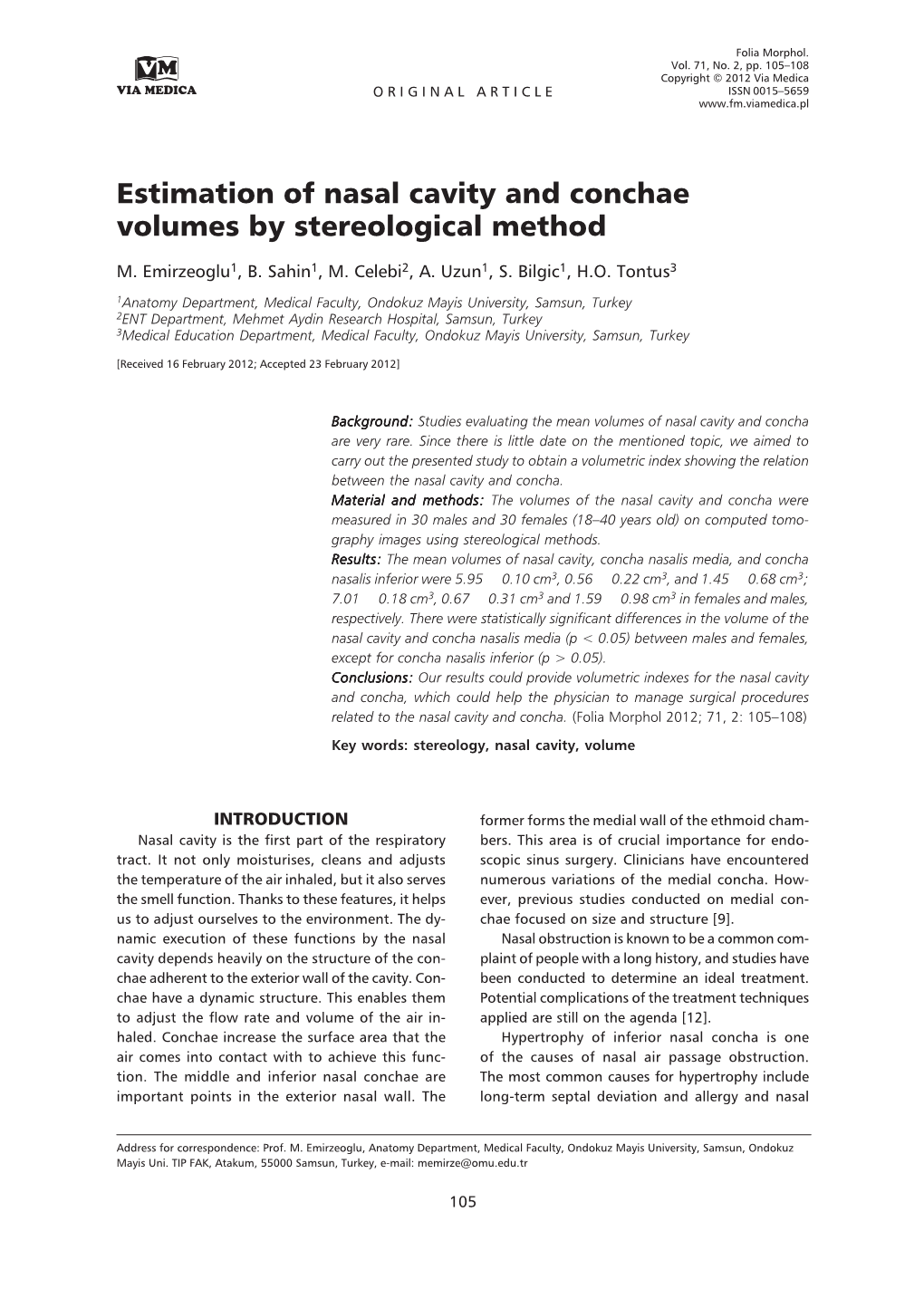 Estimation of Nasal Cavity and Conchae Volumes by Stereological Method