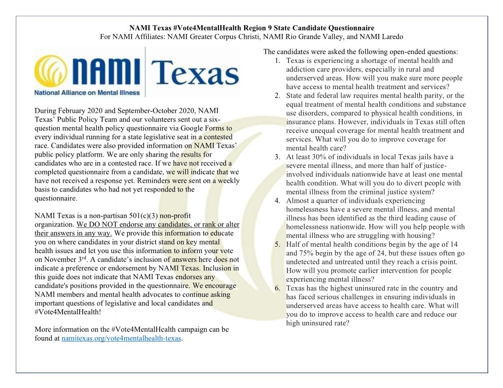 NAMI Texas #Vote4mentalhealth Region 9 State Candidate