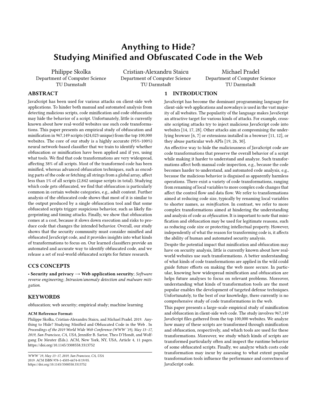 Studying Minified and Obfuscated Code in the Web