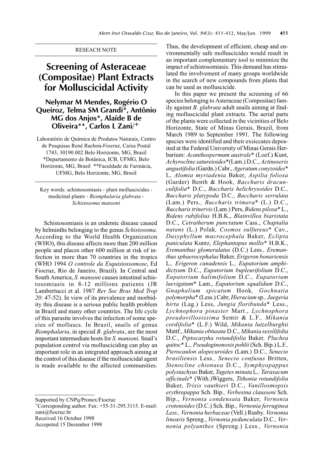 Plant Extracts for Molluscicidal Activity  Nelymar M Mendes Et Al