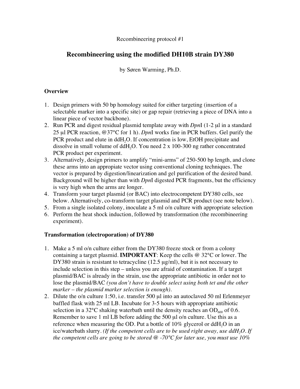 Recombineering Using the Modified DH10B Strain DY380