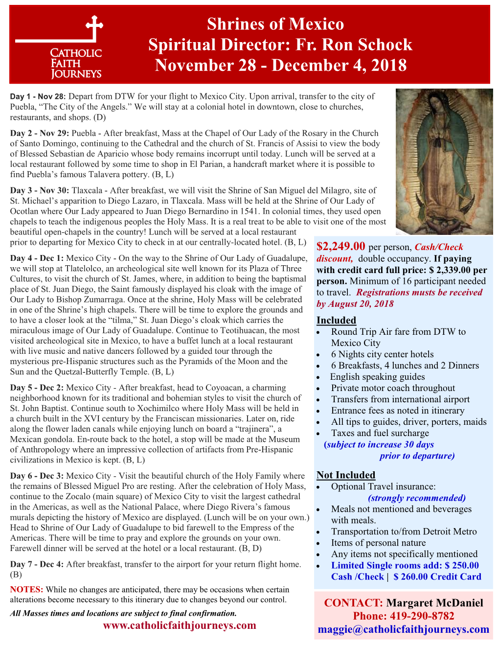 Shrines of Mexico Spiritual Director: Fr. Ron Schock November 28 - December 4, 2018